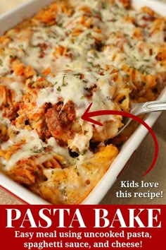 a casserole dish is shown with the words pasta bake in red and white