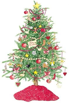 a drawing of a christmas tree with ornaments on it's branches and decorations around the base