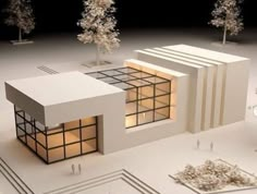 an architectural model of a modern house with trees in the front and on the side