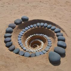 a circle made out of rocks on the sand