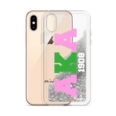 an iphone case with glitter and the words stay cool in pink, green and purple