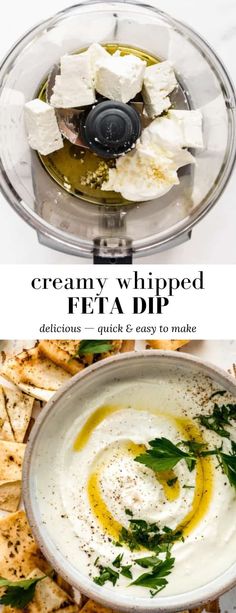 the ingredients for creamy whipped feta dip in a food processor with text overlay