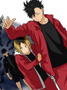 two anime characters standing next to each other with one pointing at the camera while another looks on