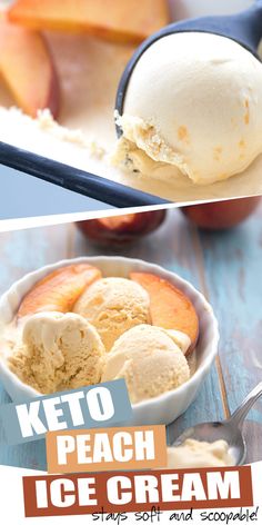 two pictures with ice cream and peaches in them