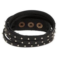 Ready-to-wear black leather wrap bracelet features three strands with imitation rhodium-plated steel round studs. Three snap closure provides an adjustable fit. The overall bracelet length measures 16 to 17-1/2 inches. Silver Leather Punk Bracelet With Black Band, Adjustable Gunmetal Metal Bracelets, Silver Leather Bracelet With Black Band In Punk Style, Adjustable Gunmetal Metal Bracelet, Punk Style Silver Leather Bracelet With Black Band, Trendy Black Studded Jewelry, Trendy Black Stud Jewelry, Adjustable Metal Bracelets With Leather Strap, Adjustable Metal Bracelet With Leather Strap