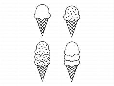 four ice cream cones with three different flavors in the same cone, one is black and white