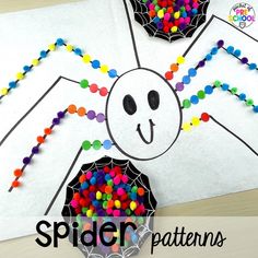 a spider craft made out of beads and paper with the words spider patterns on it