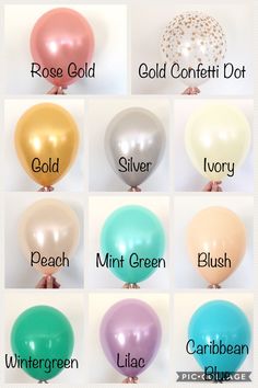 the different colors of balloons are shown in this image, and each balloon has its own name