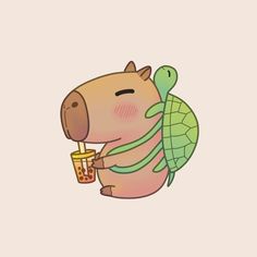 an animal with a turtle on its back holding a drink