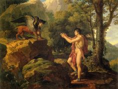 a painting of a man with an eagle on top of a mountain next to a dog