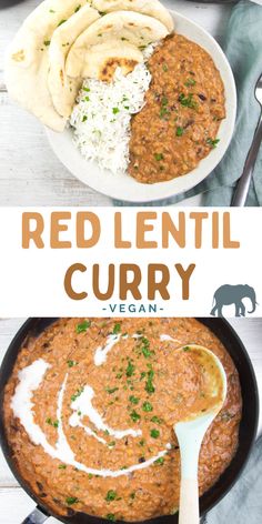 red lentil curry in a skillet with pita bread on the side and white rice