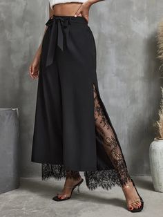 Lace Wide Leg Pants Elegant Elastic High Waist Pants Women's - Temu Pants Elegant, Wide Leg Palazzo Pants, Womens Fall Dress, Remy Human Hair Extensions, High Waist Pants, Tape In Hair Extensions, Diy Sewing Clothes, Pantalon Large, Waist Pants