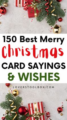 christmas card sayings and wishes with presents on the floor in front of it, surrounded by