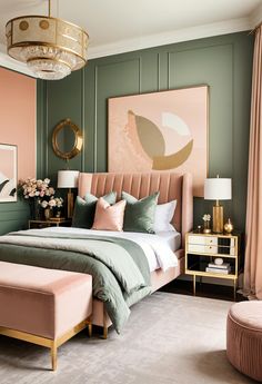 30 Chic Sage Green And Blush Bedroom Ideas Khaki And Pink Bedroom, Blush Pink Romantic Bedroom, Rose And Sage Bedroom, Jewel Toned Decor, Pink Sage Green Bedroom, Green And Pink Bedroom Aesthetic, Blush Pink And Green Bedroom, Dusty Rose Bedroom Ideas, Dark Green And Pink Bedroom