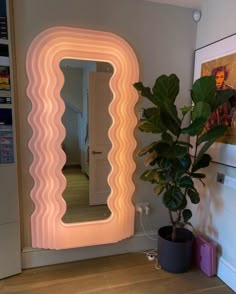 there is a plant in front of the mirror that has wavy lines painted on it