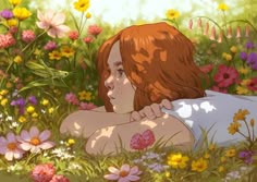 a painting of a woman laying in the grass with flowers around her and behind her