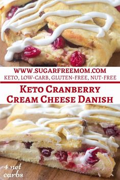 keto cranberry cream cheese danish on a cutting board with the title above it