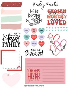 a bunch of different types of stickers on a white background with words and hearts