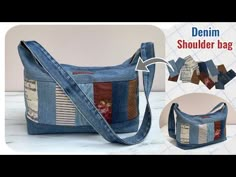 the shoulder bag is made out of denim and has patches on it, which can be used