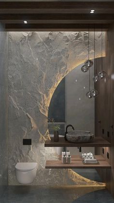 a modern bathroom with marble walls and flooring