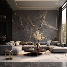 a modern living room with marble walls and flooring is pictured in this image, the couches are arranged around a coffee table