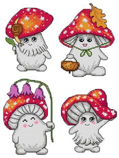 four different types of mushrooms with one holding a flower and the other carrying a leaf