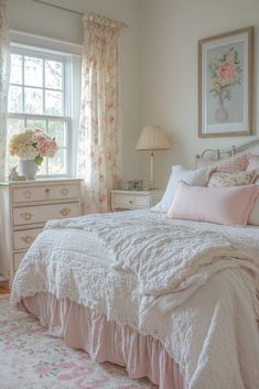 a white bed sitting in a bedroom next to a window filled with curtains and pillows