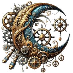 a drawing of a clock with gears and wheels on it's face, as well as the moon