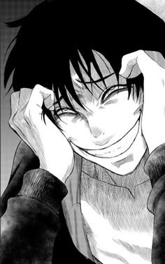 an anime character with black hair and white eyes, holding his hand to his face