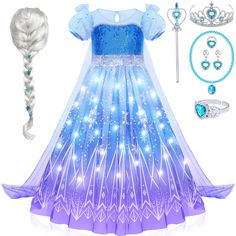 PRICES MAY VARY. 【9 Pcs Elsa Dress Up Set】---Our princess dress up set includes 9 pcs dress and accessories (a long Elsa wig, a crown, a wand, a necklace, a bracelet, a pair of earrings and a ring). Your little girl can enjoy head-to-toe Elsa role-playing suits with it. This is perfect for princess pretend play and roleplay, your lovely girls will realize their princess dreams 【Luxurious Light Up Elsa Dresses】---Our princess dresses features a fun and magic design with sparkling lights that will Elsa Frozen Toddler Costume, Elsa Dresses, Elsa Wig, Elsa Frozen Costume, Dress Up Clothes, Baby Costumes Girl, Kids Wigs, Elsa Costume, Frozen Costume