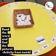 a yellow table topped with a wicker basket filled with cards and writing on it