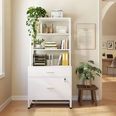 a white bookcase with plants and books on top of it in a living room