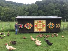 a woman standing in front of a shed with quilts on it and chickens nearby