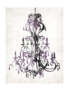 a chandelier hanging from the ceiling with purple and black designs on white paper