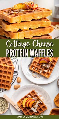 collage of three photos with text overlay that says cottage cheese protein waffles