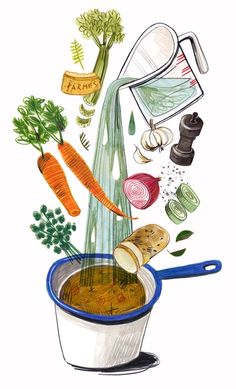 carrots, celery, parsley and other vegetables are falling into a bowl