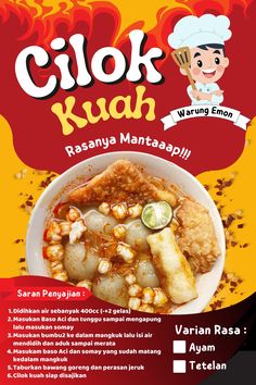 an advertisement for a restaurant called clok kuah, which is also available on the internet