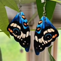 a pair of blue and orange butterfly earrings hanging from a green leafy tree branch