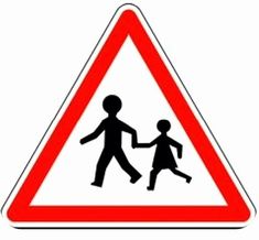 a red and white triangle sign with two people crossing it