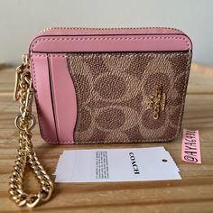 100% Authentic Brand New With Tags Comes In Original Packaging Cw883 Signature Zip Card Case Tan/Pink Petal And Gold Hardware 4 1/8” L X 3 1/4” H Coach Zip Card Case, 16th Birthday Outfit, Gold Wallet, Coach Wallet, Pink Petals, Coach Accessories, Card Case, Wallets For Women, Coach Bags