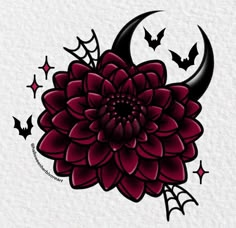 a flower with bats flying around it and the moon in the sky on top of it