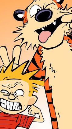 two cartoon characters one with a tiger on his head