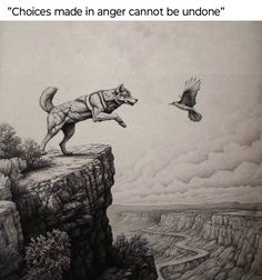 a drawing of a dog jumping off a cliff into the air with a bird flying over it