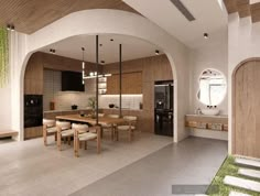 a large open concept kitchen and dining room with wood paneling, white tile floor