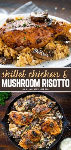 skillet chicken and mushroom risotto in a cast iron skillet