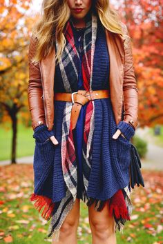 Belted cardigan and scarf Plaid Trend, Alexandra Grant, Vancouver Fashion, Scarf Trends, Fall Fashion Trends Women, Navy Lace Dress, Gentle Fawn, Tartan Scarf