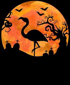 the silhouette of a flamingo in front of a full moon with bats and tombstones