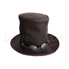 Make a chic style statement with Leather Skin shop’s Top hat. This hat is made from genuine leather (cowhide), giving it a smooth and luxurious feel. What’s more? The Top hat is comfortable to wear. Available in an affordable price, it makes for the perfect accessory to any outfit. Some of the things that set this hat apart: The band of the top hat is lined with metallic embellishments, giving it a fancy and attractive look. The flat crown of the hat and the slightly curved brim adds to the sophistication and class. It is available in many various sizes, and you can choose the one that best fits you. The high-quality full-grain leather adds to its durability and longevity. Intricate stitching, extensive detailing, and unique design – this is what makes this hat a wardrobe essential. Add on Brown Fitted Top Hat With Flat Brim, Fitted Brown Top Hat With Flat Brim, Brown Flat Brim Hat With Leather Lining, Luxury High Crown Adjustable Hat Bands, Luxury Brown Brimmed Hat, Western Leather Brimmed Costume Hats, Adjustable Leather Hat With Flat Crown, Formal Brown Brimmed Top Hat, Fitted Brown Boater Hat With Flat Crown