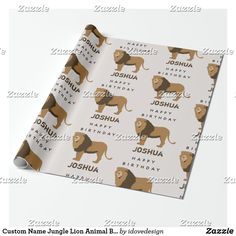 custom name lion animal wrapping paper with brown and white lions on the front, in various font