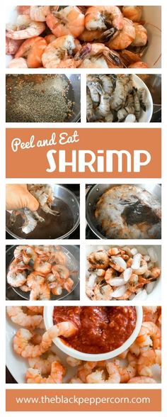 shrimp and other seafood are being cooked in the same pans, with text overlaying